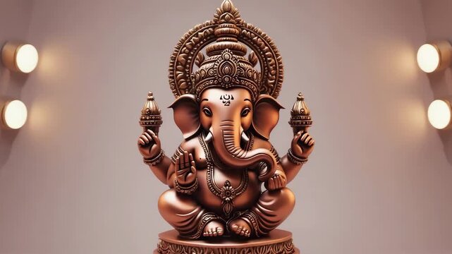 Detailed depiction of an intricately designed Ganesh statue in a serene setting with soft lighting