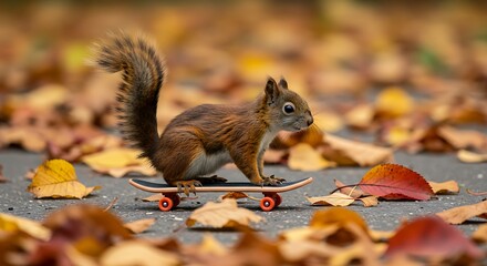 Autumnal Squirrel Skater on a Miniature Skateboard