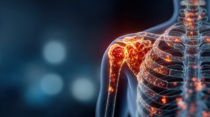 Medical illustration of human shoulder pain highlighted in a close-up view with blue background, focusing on shoulders and upper arms
