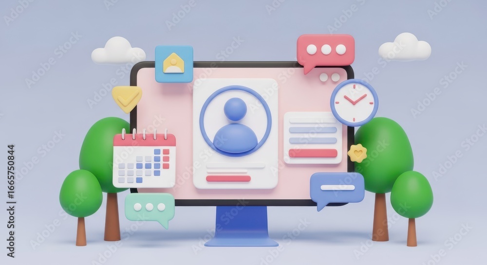 Leinwandbilder 3d illustration of a computer screen displaying a user profile and various app icons