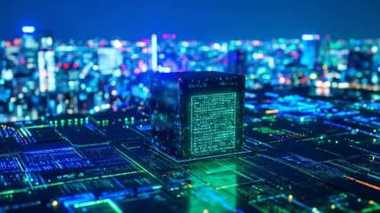 Futuristic Cityscape with Data Core and Digital Grid Overlay: Abstract Technology Concept - Powered by Adobe