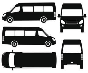 Van Silhouette Icon Set Side, Front, Back, and Top View on White Background