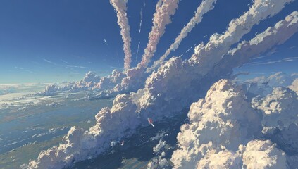 Vast clouds explode in a vibrant sky above land and water