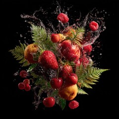 dynamic splash of fruits and foliage isolated