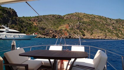 A luxurious yacht deck offers a scenic view of a vibrant coastline, showcasing a tranquil bay.