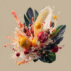 dynamic splash of fruits and foliage isolated