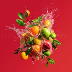 dynamic splash of fruits and foliage isolated