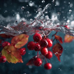 falling berries and leaves water splash concept