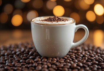 Naklejka premium Aromatic Cappuccino Delight: Coffee Beans and Warm Lights
