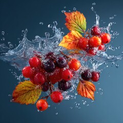 falling berries and leaves water splash concept