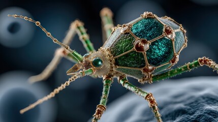 Blue glowing bacteriophage illustration isolated in focus with surrounding bacteria on a dark background, scientific microbiology concept for virus research, infection study
