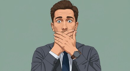 Cartoon Businessman with Wide Eyes Covering Mouth in Fear and Shock