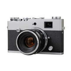 Fototapeta premium Retro silver and black rangefinder camera with vintage lens isolated on transparent background