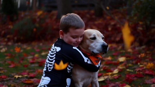 Little boy in skeleton costume hugging dog in halloween bandana in yard, camera moves from side, autumn leaves falling. Concept of touching halloween celebration with pets