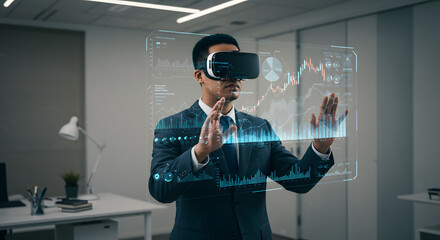 Businessman using virtual reality headset in office analyzing data.