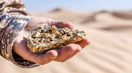 Hand holding raw gold nuggets.