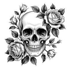 Gothic skull with roses illustration isolated on transparent background