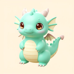 Fototapeta premium Adorable Kawaii Mint Green Baby Dragon 3D Render with Big Eyes