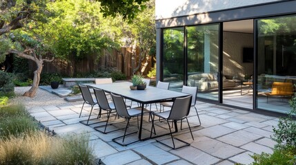 Glass dining table with modern chairs on stone patio