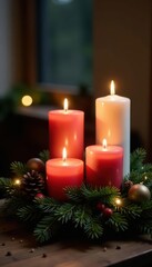 Advent wreath candles in glass bottles, fir, rustic wood, lit candles , copy space, candle, light