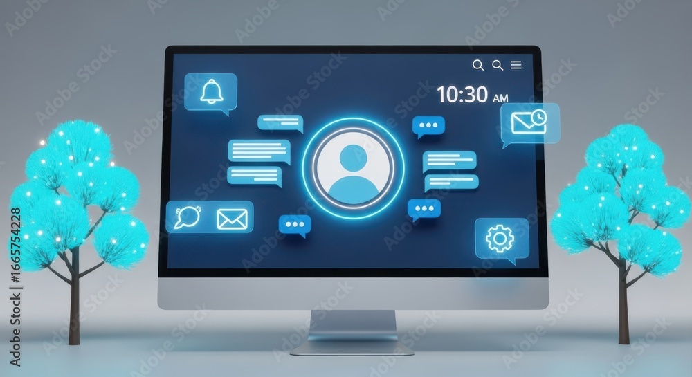 Leinwandbilder computer screen displaying user profile and digital icons with futuristic trees