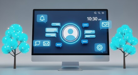 Fototapeta premium Computer screen displaying user profile and digital icons with futuristic trees