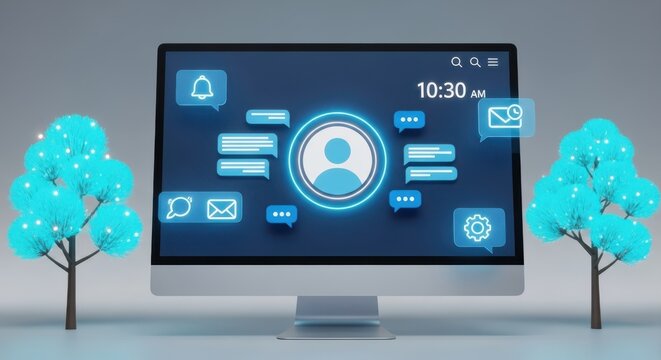 Computer screen displaying user profile and digital icons with futuristic trees