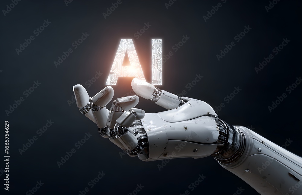 Poster 3d render of a robot hand holding a hologram with the text ai on it, isolated over a dark background