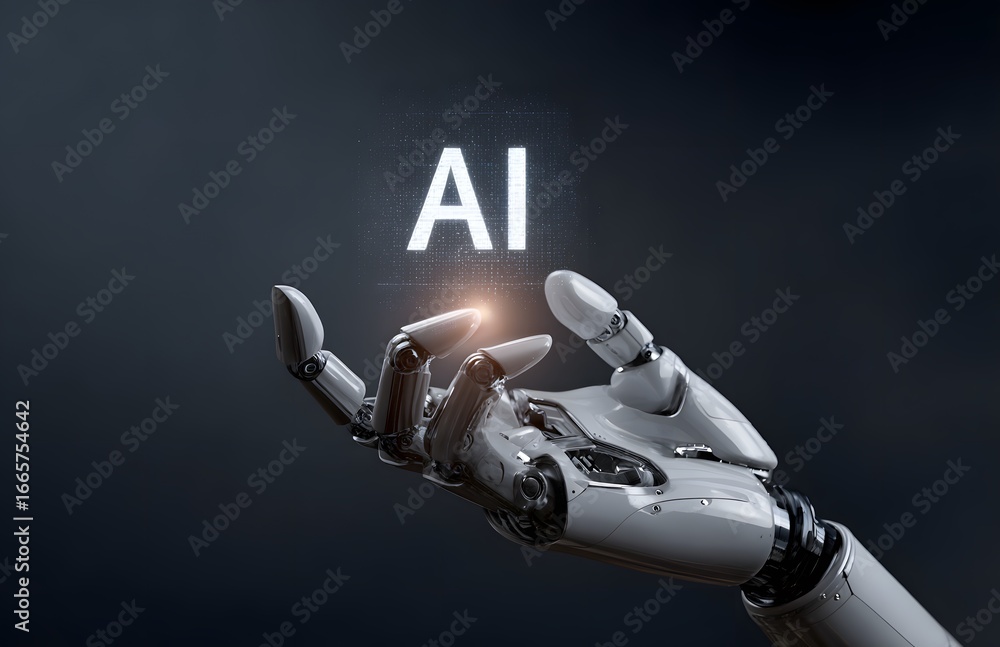 Poster 3d render of a robot hand holding a hologram with the text ai on it, isolated over a dark background
