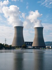 Cooling towers emitting steam industrial site photography urban environment aerial view energy production