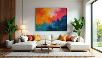 Chic living room, eucalyptus accents, modern art, empty space, template, space