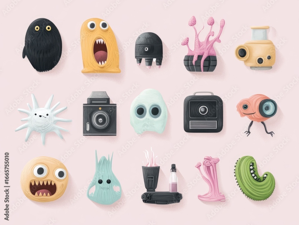 Poster vibrant flat art featuring a collection of playful quirky icons and characters that symbolize and re