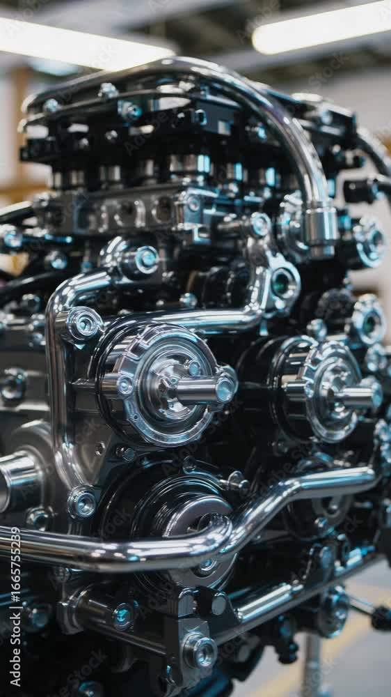 Poster close-up angle of a shiny, intricate engine with metallic components, ideal for a video showcasing m