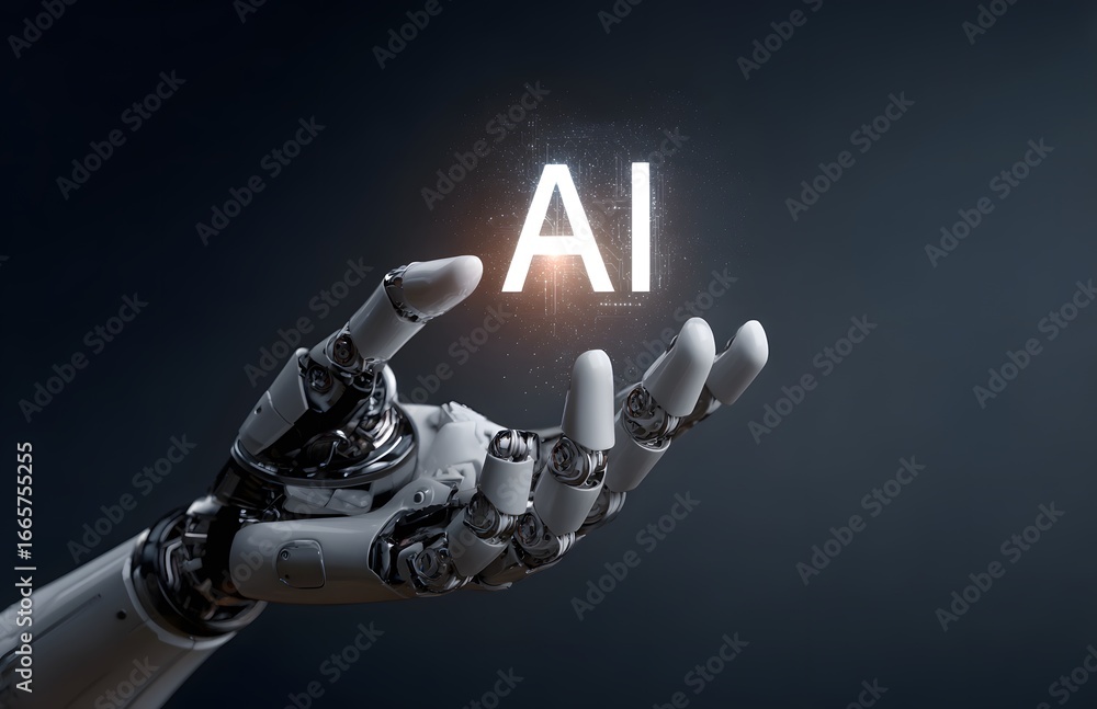 Poster 3d render of a robot hand holding a hologram with the text ai on it, isolated over a dark background