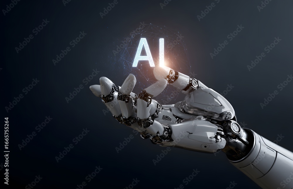 Poster 3d render of a robot hand holding a hologram with the text ai on it, isolated over a dark background