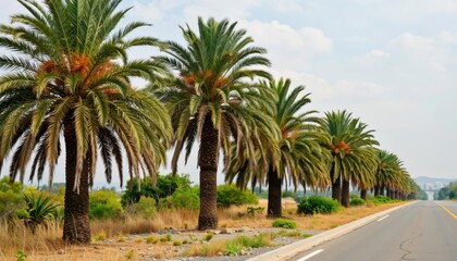 Fototapeta premium Scenic palm tree lined road coastal region nature photography sunny environment wide angle view tranquil vibes
