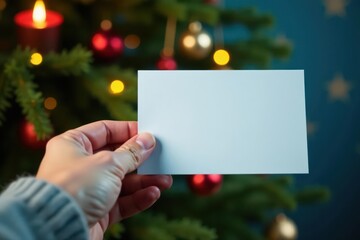 Close-up hand holding blank card Festive winter scene; fir, candle, stars , light, Christmas, snow