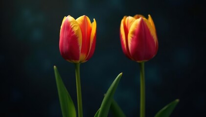Close-up of a drooping red and yellow tulip against a dark, abstract backdrop , close, dark background