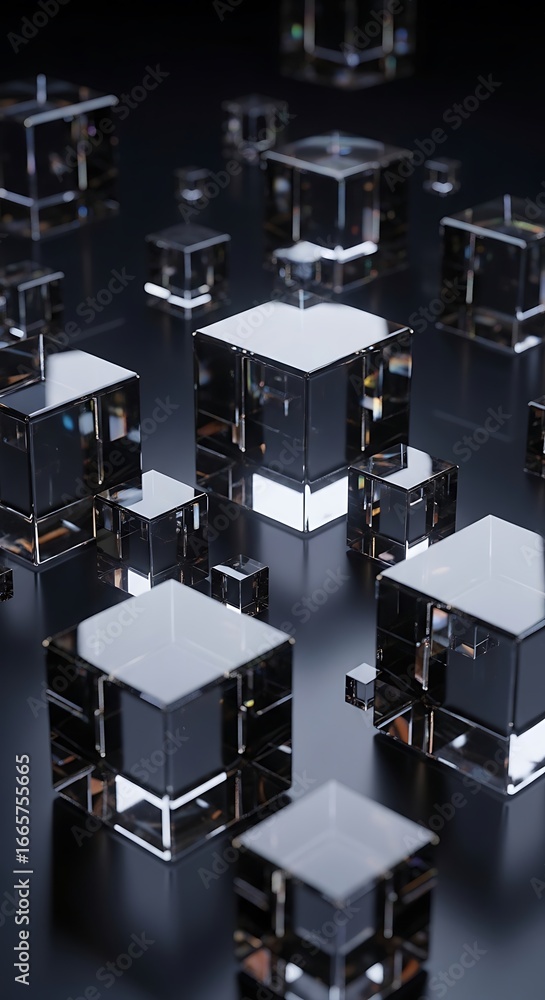 Poster reflective crystal cubes arranged in a geometric display of precision and clarity creating a sense o