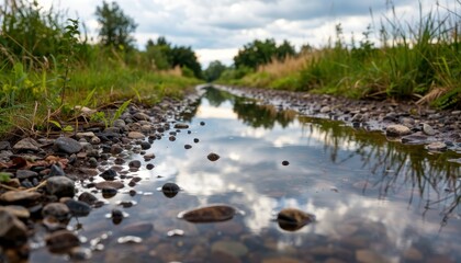 Naklejka premium Reflection of tranquil water pathway green landscape nature scene outdoor serenity ground level perspective