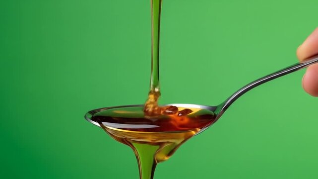 Pouring Golden Syrup or Honey onto a Spoon Held by a Hand on Green Screen.