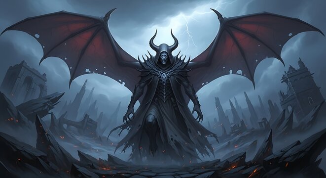 Powerful Demon Lord in a Desolate Landscape.