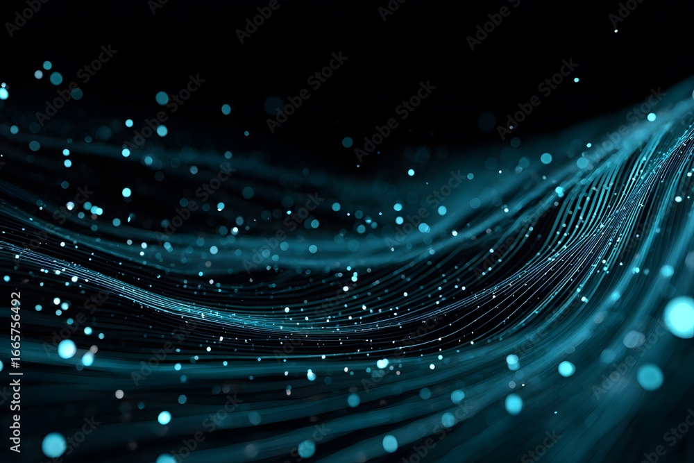 Poster a black background with blue and white lines of light, creating an abstract digital pattern that res
