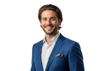 Professional smiling businessman portrait in blue suit - business headshot image for corporate use - isolated on transparent background