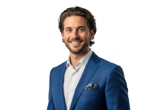 Professional smiling businessman portrait in blue suit - business headshot image for corporate use - isolated on transparent background - Powered by Adobe