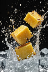 Halved pineapple with golden yellow flesh, two cubes on top, surrounded by ice cubes and water droplets,  for a tropical, fresh, and cool look.