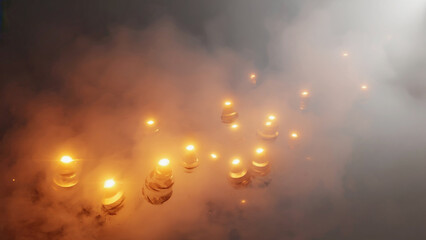 Burnt orange mist particles floating in air over gradient base background illustration. Ai generated.