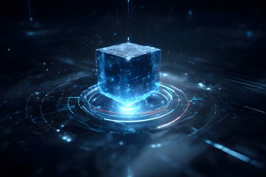 A blue cube of data, floating in the center, is surrounded by digital lines and futuristic designs, representing advanced technology