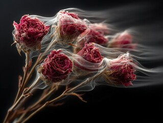 Delicate Smoke Swirls Surrounding Dried Red Roses on Black Background