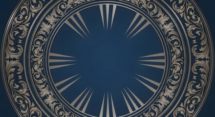 Elegant antique clock face design with ornate scrollwork and Roman numerals on a deep blue background